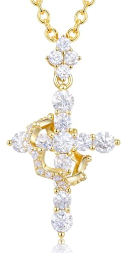 Winyolove Moissanit Kreuz Kette mit Krone, 1,1 Karat, 925er Sterlingsilber mit 14 Karat Gold Vermeil, Christliche Halskette Damen
