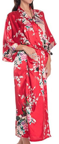 FEOYA Femmes Kimono Peignoir Pyjama Longue Imprimé Paon Elégante - Robe de Nuit de Bain de Chambre Soie Artificielle - Rouge - Taille L