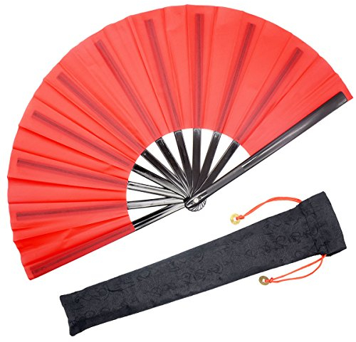 OMyTea Chinese Kung Fu Tai Chi Large Hand Folding Fan for Men/Women - With a Fabric Case for Protection - For Performance/Dance/Fighting/Gift (Red)