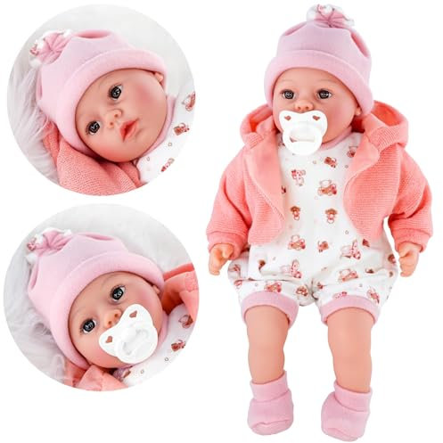 The Magic Toy Shop BiBi Doll 18-Inch Baby Doll Peach with 16 Sounds – Realistic Girl with Dummy, Removable Outfit & Soft Vinyl Limbs – Soft Body Baby for Toddlers 18 Months+