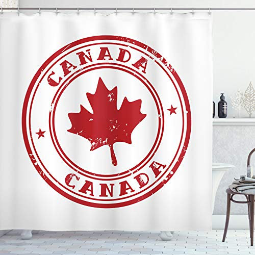 ABAKUHAUS Canada Rideau de Douche, Conception Caoutchouc Stamp, Tissu Ensemble de Décor de Salle de Bain avec Crochets, 175 cm x 200 cm, Vermilion et Blanc