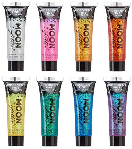 Iridescent Fine Face & Body Glitter Gel by Moon Glitter - Set of 8 Colours - Cosmetic Festival Glitter Face Paint for Face, Body, Hair, Nails - 12ml