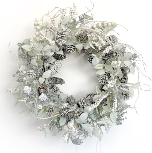 Winter-Haustürkranz, 66 cm, Winter-Birke, Weihnachtskranz mit vereisten Tannenzapfen, Stechpalmenblatt, Zweig, weiße Winterkränze für Haustür oder Innenbereich, Wandfensterdekoration