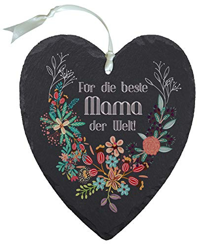 Geschenke 24 Schieferherz Blumen für die Beste Mama der Welt I Originelle und Schöne Aufmerksamkeit zum Muttertag I Dekoration für Wand und Tür mit Band zum Aufhängen I 23x27cm I Geschenkidee