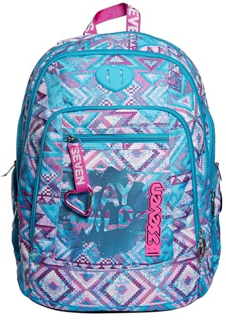 Seven Rucksack Advanced, Backpack für Schule, Uni & Freizeit, Geräumige Schultasche für Teenager, Mädchen, Jungen, Gepolsterter Schulranzen; WILD Feeling, blau, mit Laptopfach und Trinkflaschenfach