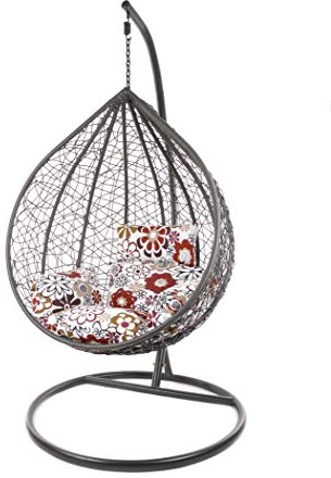 KIDEO Komplettset: großer Hängesessel mit Gestell & Kissen, Korbsessel, Poly-Rattan (Korb & Gestell: grau, Kissen: Blumenmuster Nest (3762 Retro Flowers)