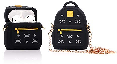 YIGEYI Silikon Hülle Kompatibel mit Airpods 1 & 2 Funny Cute 3D Cartoon Case Cover[Rucksack Tasche] (Schwarz)