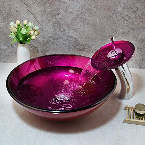 Homelava Lavabo da Appoggio in Vetro Temperato, Lavabo da Appoggio del Bagno Contenitore Artistico da Appoggio Lavello con Rubinetto, Scarico a Scomparsa e Lavandino con Tubo Dell'acqua(Rosa Rossa)