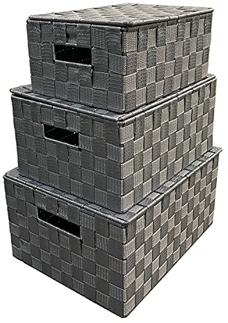 Arpan Set of 3 Grey Nylon Hand Woven Storage Baskets Boxes