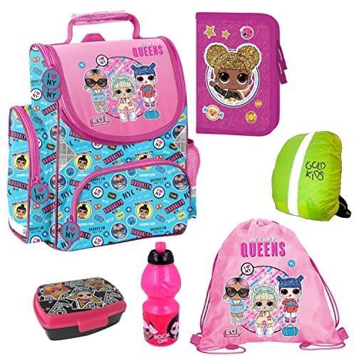 Goldkids L.O.L Surprise LOL Schulranzen Set ergonomischer Ranzen Federmappe Turnbeutel Brotdose Trinkflasche Regenschutz Mädchen rosa blau 6-teilig LOL Puppen Glam Lizenz