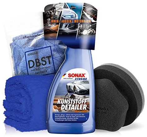 Autopflege Set: SONAX XTREME KunststoffDetailer Innen + Außen Auto Kunststoff Pflege Detailer 500ml + ChemicalWorkz Hand Wax Applikator + ChemicalWorkz Premium Poliertuch 500GSM | 3-teilig