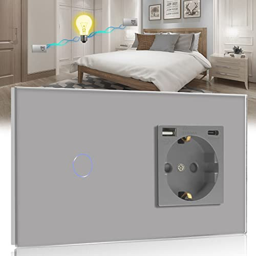 BSEED Interruptor con Enchufe USB,Schuko Enchufe con 1 Puerto Tipo C y 1 Puertos USB,1 Gang 2 Vías Interruptor de Luz con indicador LED,Gris enchufes de extensión para Smartphone,Tableta,auriculares