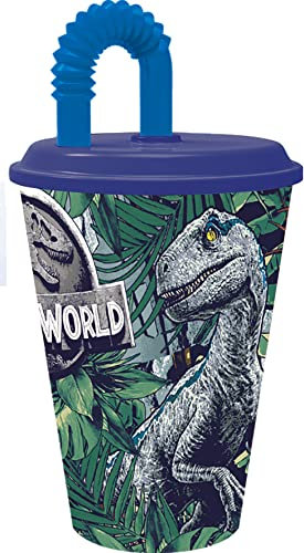 ALMACENESADAN, 5026, Pack vuelta al cole Jurassic World Franchise Thent; compuesto por vaso con caña 430 ml, producto reutilizable, sin BPA