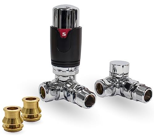 Thermostatic TRV Corner Black/Chrome Radiator Valves 1/2 x 15mm with Brass Radiator Reducer Compression Valve - 15mm to 10mm