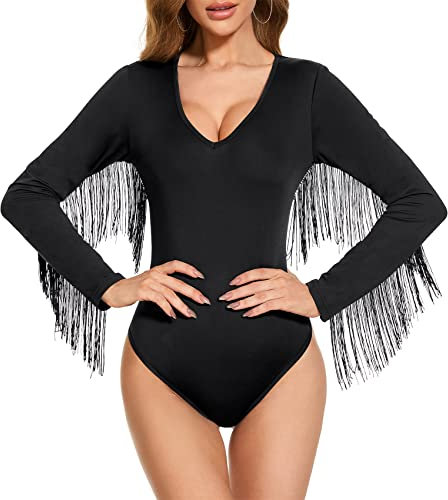 Durio Body Damen Elegant Langarm Bodysuit Tops Sexy Bodies Oberteil Overall Quastenbesatz V Ausschnitt #2 Schwarz L