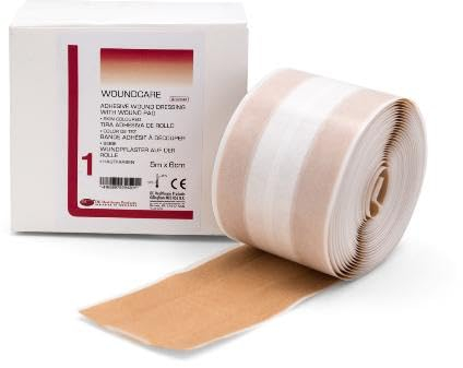DE Healthcare Products - Wundpflaster auf der Rolle (5 m x 6 cm), atmungsaktive und zuschneidbare Pflaster mit Wundpolster, komfortable Wundpflaster, hautfarben