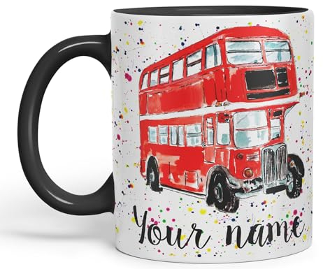 Vixar Personalised with Your Text Red Bus Classic London Busses Watercolour Art Coloured Ceramic Mug Cup Gift 330ml 11oz Custom Work Office Tea Coffe (Black)