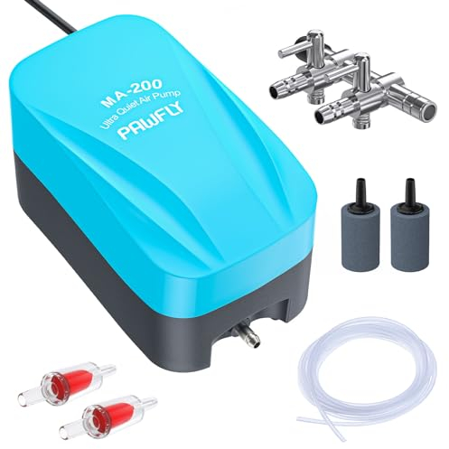 Pawfly Aquarium Air Pump 3.8 L/min Oxygen Pump for 75 to 230 litre Fish Tanks Buckets Quiet Aerator Pump Kit with Airline Tubing Control Lever Valve Air Stones and Check Valves