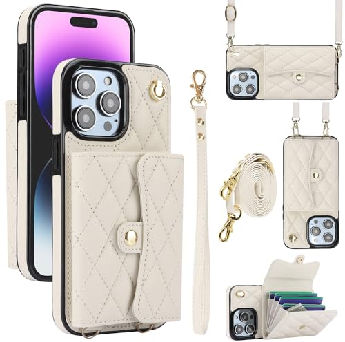 XIZYO für iPhone 15 Pro Leder Crossbody Brieftasche Handyhülle mit 2 Verstellbarem Abnehmbarem Lanyard-Riemen, Frauen Niedlich Luxus Geldbörse Ständer Handyhülle mit Kartenhalter, Weiß