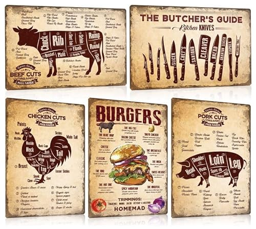 5er Set Blechschilder Retro Essen - BURGERS REZEPTE - BUTCHER GUIDE - BEEF CHICKEN PORK CUTS - Metall-schild grillen Deko für Restaurant Küche Wanddekoration 20x30cm