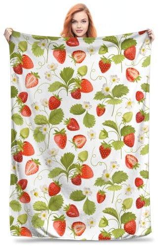 Erdbeerdecke für Mädchen, Erwachsene, Kinder, Erdbeerdecke, Geschenke, 152,4 x 127 cm, Flanell, Erdbeere und Blume, Überwurfdecke für Bett, Wohnzimmer, Sofa, Couch, weich, warm, leicht, gemütlich,