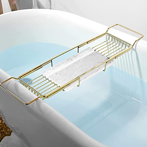 Badewannen-Caddy-Tablett für Luxus-Badewanne, erweiterbare Halterungen aus poliertem Edelstahl, Marmor-Tablett für Badezimmer, Laptop-Lese- und Organizer-Badewannentisch, ideal für Spa-Liebhaber (we