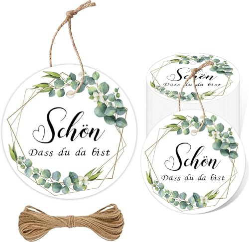 100 Stück Geschenkanhänger Eukalyptus Grün Schön Dass Du Da Bist, Anhänger Papier 5CM Runde mit Schnur Danke Etikett für Hochzeit Konfirmation Kommunion Taufe Babyparty Geburtstag Partydeko