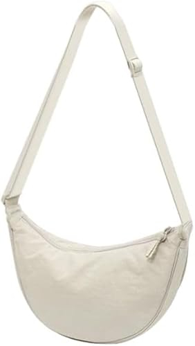Quirkademy Umhängetasche, Halbmond Tasche Damen aus Nylon, Crossbody Bag Damen Schultertaschen mit Verstellbarer Schultergurt, Einfarbige Halbmond Tasche für Reisen Arbeit Täglich (Beige)
