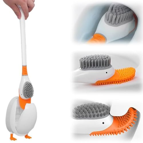Silikon Klobürste mit flachem und biegsamem Kopf - Diving Duck Toilettenbürste, Antibakterielle Toilettenbürste mit stilvollem Niedlich WC Bürstenhalter, WC Bürste Silikon für Wohnmobile -Weiß