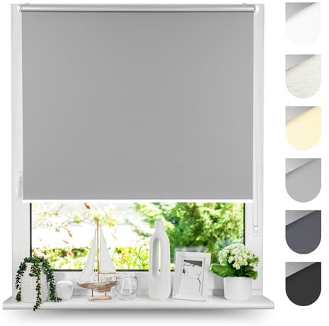 Tom'Shop Tom'Shop® Verdunkelungsrollo Klemmfix ohne Bohren(Grau 125cm x 130cm) Seitenzugrollo Thermorollo Klemmrollo mit Klemmträger Fensterrollo Super Blackout Rollo