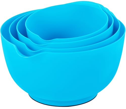 BoxedHome Rührschüssel Set, BPA-freiem Kunststoff, Große, 4tlg., Zyanblau | 4,3/3,3/2,4/1,6L, Rutschfester Boden, Ausgießer, Griff, Stapelbar, 70% Platzersparnis, Spülmaschinenfest, für Backen & Kochen