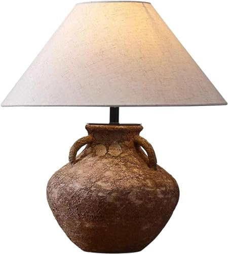 CONGRUI Farmhouse Ceramic Table Lamp, Brown Rustic Cottage Style Table Lamps, 18.89’’Tall Table Lamp with Hammered Jug Off-White Fabric Drum Lampshade for Bedroom Living Room Bedside Nightstand