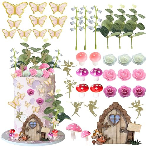 36 Stück Feen Tortendeko, Feen Deko Kindergeburtstag, Fee Kuchen Topper mit Schmetterling, Blume, Pilz, Fee Kuchen Deko für Mädchen Kinder Geburtstags, Babyparty