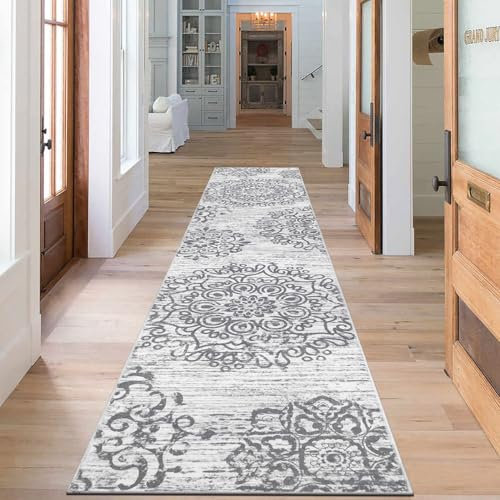 SHACOS Langer Flur Teppich Läufer rutschfest 60 x 240 cm Grau Boho Teppichläufer Weich Flurläufer Lang Küchenteppich Waschbar Teppich Läufer für Flur, Küche, Schlafzimmer, Wohnzimmer