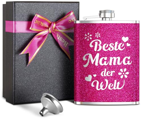 LILABIENE Flachmann Mama Pink Glitzer mit Gravur Beste Mama der Welt Rosa Mutter Frauen Muttertag Geburtstag Weihnachten Geschenk 8oz/240ml