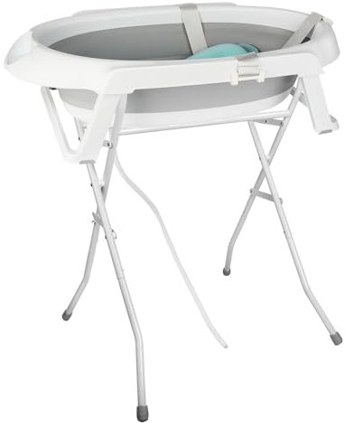 Faltbare Babybadewanne mit Ständer, ergonomisch, mit Kissen, Weiß und Rosa, integrierte Drainage (Grau)