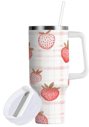 Sevdomey 40 ozStrawberry Tumbler with Handle and Straw Lid for Water Iced Tea or Coffee, Stainless Steel Insulated Leak-Proof Travel Coffee Mug Cup Gifts