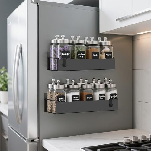 OUUTMEE 2er-Pack magnetischer Gewürzregal-Organizer für Kühlschrank und Backofen, bewegliches magnetisches Gewürzregal zum Aufhängen in der Küche mit 2 Haken, schwarz