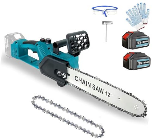 Akku Kettensäge， Ersatz für Makita UC3041A Astsäge,12 Zoll elektrische Kettensäge, 3.0 m/s Kettengeschwindigkeit,automatische Kettenschmierung,einfach zu bedienen Akku-Kettensäge（2 x 5500mAH Akku）