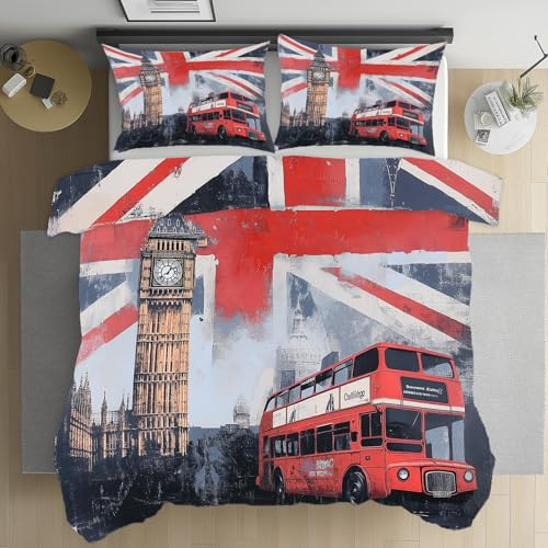 Pggong Britische Flagge England Bettwäsche 135x200 3teilig | 2 Kissenbezüge 80x80 cm, Vintage Stadtbild Bettbezüge Mikrofaser mit Reißverschluss Warm Weich, Big Ben Wahrzeichen Bettbezug