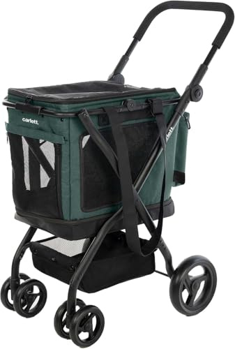 Carlett 3‑in‑1 Haustier-Trolley mit 360° drehbaren Rädern, wasserabweisend, als Transportbox nutzbar, kompatibel mit Autositz, inkl. Regenüberzug und Sicherheitsgurt – Cube P, Grüne