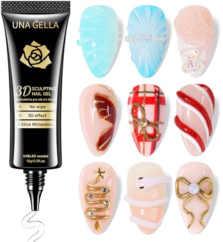 UNA GELLA 3D Nagelkleber Nail Art, 3D Nagelgel Sculpting Gel 15g, 4-in-1 No-Wipe Klar Gel für Nagelspitzen, Chrome-Pulver, Nail Charms, Zeichnungen & DIY Nageldesign – UV/LED Härtung