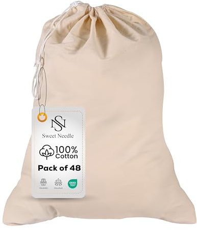 Sweet Needle - Bulk 48 Value Pack Heavy Duty Extra Large Laundry Storage Shopping Bags, 71x91 CM (28x36 IN) 75L - 100% Cotton, Highly durable, Draw-cord with cord-lock and reusable Travel Bag