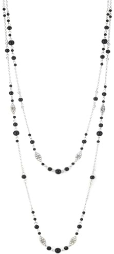 Beaded Long Silver Necklaces for Women Statement Long Necklace Double Chain Costume Jewellery Gifts for Mum