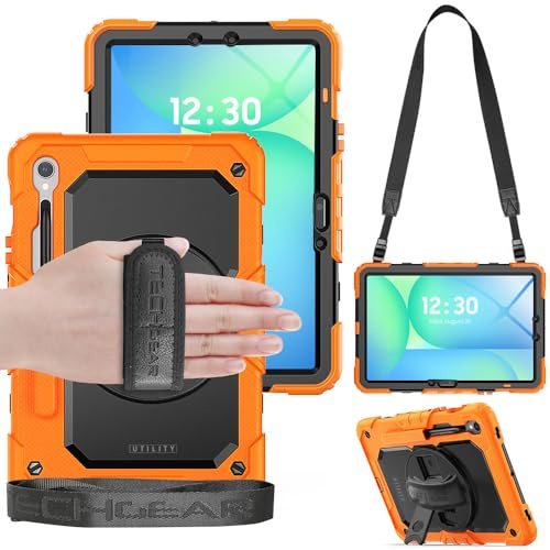 TECHGEAR Utility Case for Samsung Galaxy Tab S10 Lite, Tab S10 FE 2025 & Tab S9 FE 10.9 Rugged Heavy Duty Armour Shockproof Case with S-Pen Holder, 360 Stand, Hand & Shoulder Strap - Orange