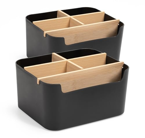 Kunoli Stifte Schreibtisch Organizer, Zahnbürstenhalter (Schwarz-2 stück) | Elektrische Zahnbürste Halterung, Stiftehalter with Bambus Abnehmbaren Trennwänden für Kosmetik, Fernbedienung & mehr