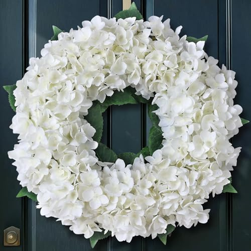 White Artificial Hydrangea Wreath for Front Door - Spring Summer Floral Door Wreath Plastic Flower Vine Ring Decor, Fuax Hydrangea Leaves for Holiday Party Home Wall Window (45cm)