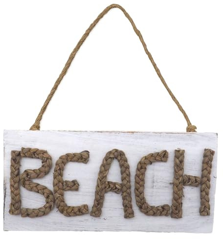 Wanddeko Schild Beach Weiß Seegras zum Aufhängen - Maritime Deko Party Vintage Look Sommer