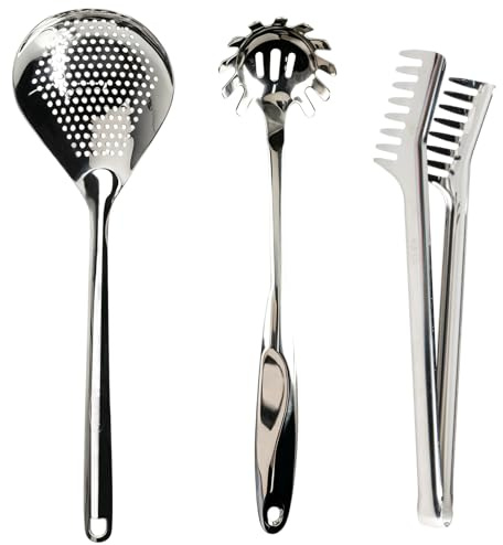 YunBey Juego utensilios pasta acero 304, pinza, cuchara y espumadera | Calidad alimentaria, resistente al calor y óxido. Apto para lavavajillas