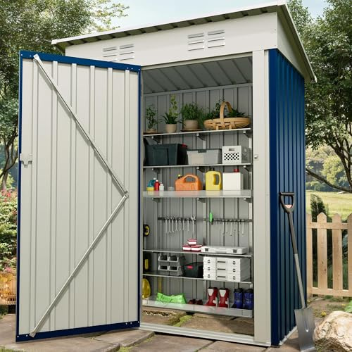 GarveeMore Metall Geräteschuppen 152x89x183cm, Gartenschuppen Aus Metall, Lagerschuppen Im Freien, Gartenhaus Mit Pultdach, Belüftung & Abschließbaren Türen Für Hinterhof, Terrasse, Rasen